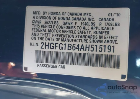 2010 Honda Civic Lx z USA, uszkodzony, nr VIN 2HGFG1B64AH515191